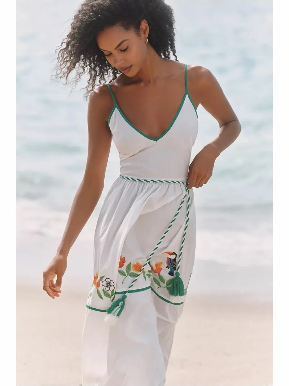Anthropologie Maeve Celandine Ivory Embroidered Resort Beach Midi Dress Cotton S